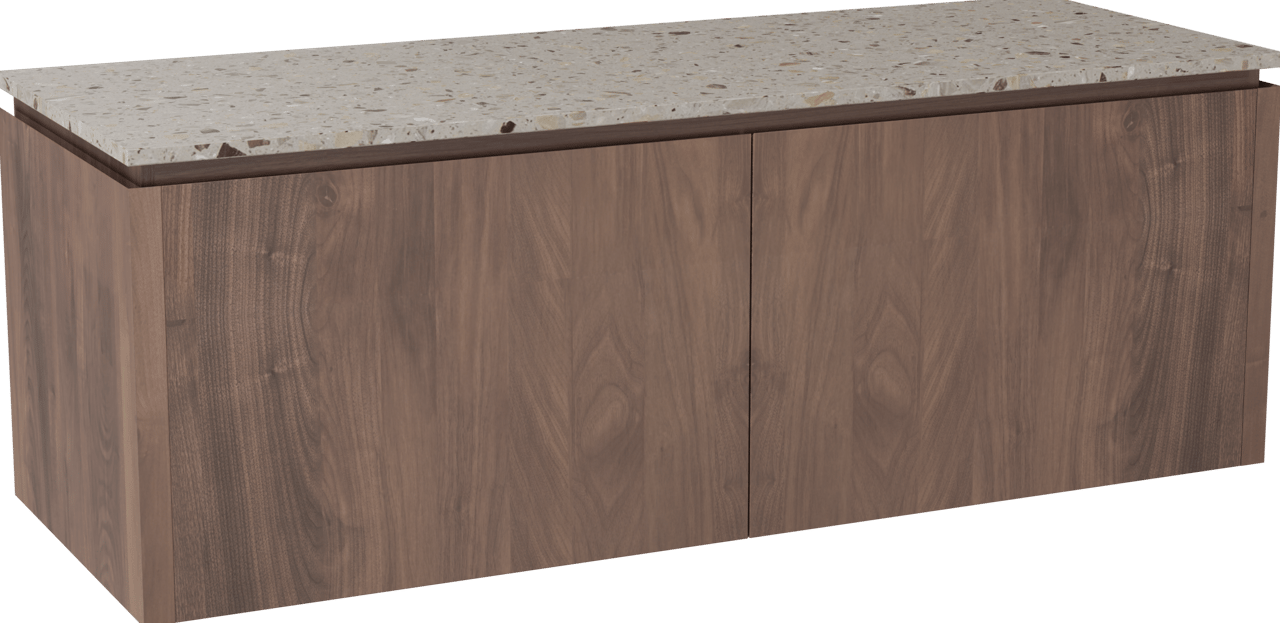 Balmani Eclips hängendes Möbelstück Set: 150 x 55 cm, Amerikanischer Nussbaum, mit Stretto Einzel- oder Doppel Waschtischplatte Greige Terrazzo