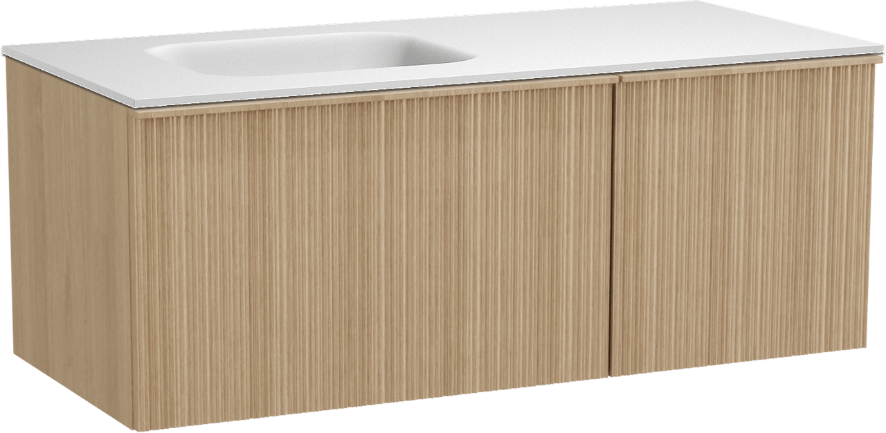 Balmani Forma meuble salle de bains suspendu 120 x 55 cm chêne naturel avec Tablo Arcato plan vasque asymétrique à gauche en solid surface blanc mat, Nervure circulaire asymétrique verticale