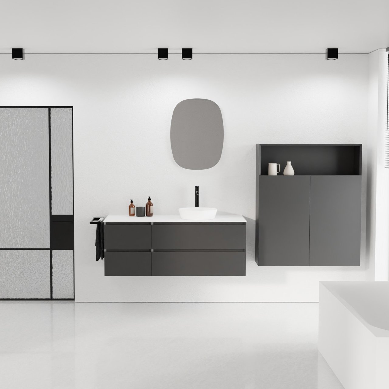 Balmani Mitra meuble salle de bains suspendu 135 x 55 cm noir mat avec Stretto tablette simple ou double en solid surface blanc mat
