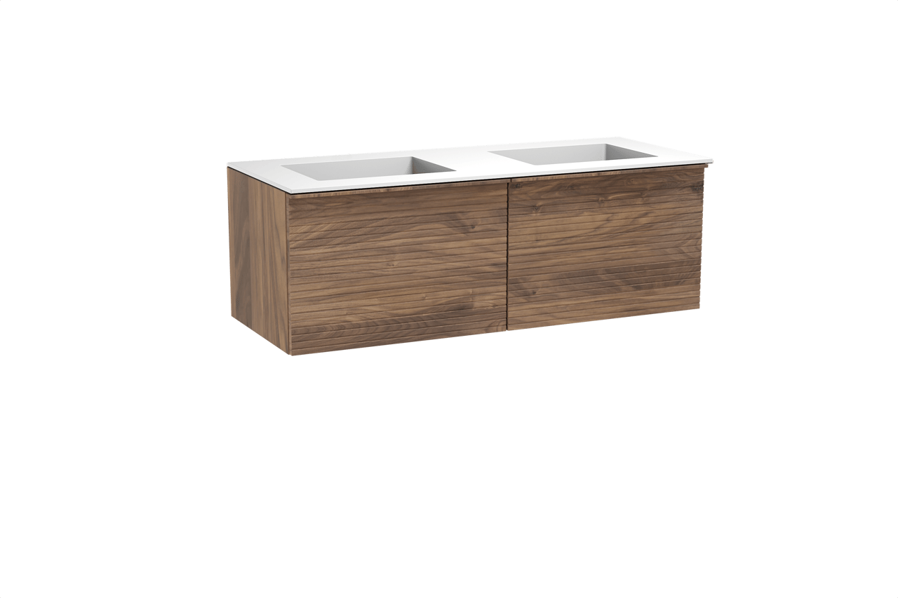 Balmani Forma meuble salle de bains suspendu 135 x 55 cm noyer américain avec Tablo Stretto double vasque en solid surface blanc mat, Nervure droite symétrique horizontale