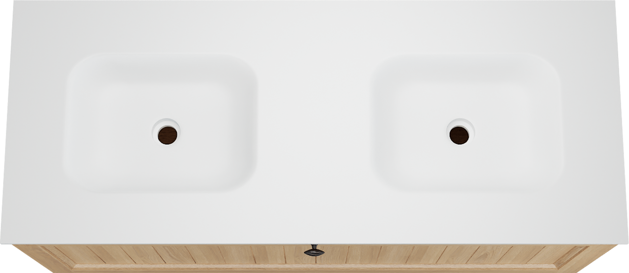 Balmani Lemon zwevend badkamermeubel 135 x 55 cm, fineer natuur eik met Tablo Arcato dubbele wastafel in mat wit