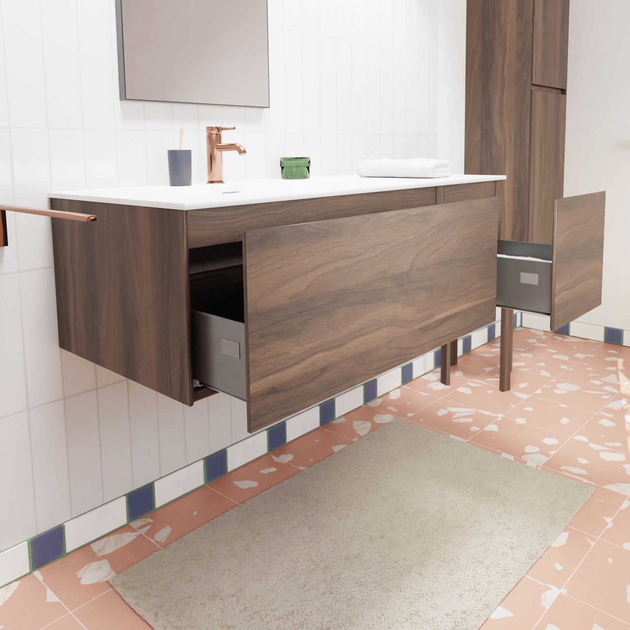 Storke Edge hängendes Möbelstück Set: 120 x 52 cm, Nussbaum, mit Mata Waschtisch links, Solid Surface Weiß matt