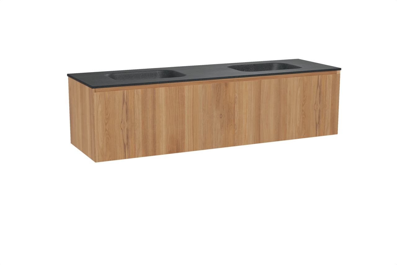 Balmani Idra zwevend badkamermeubel 180 x 55 cm teak met Tablo Arcato dubbele wastafel in graniet zwart