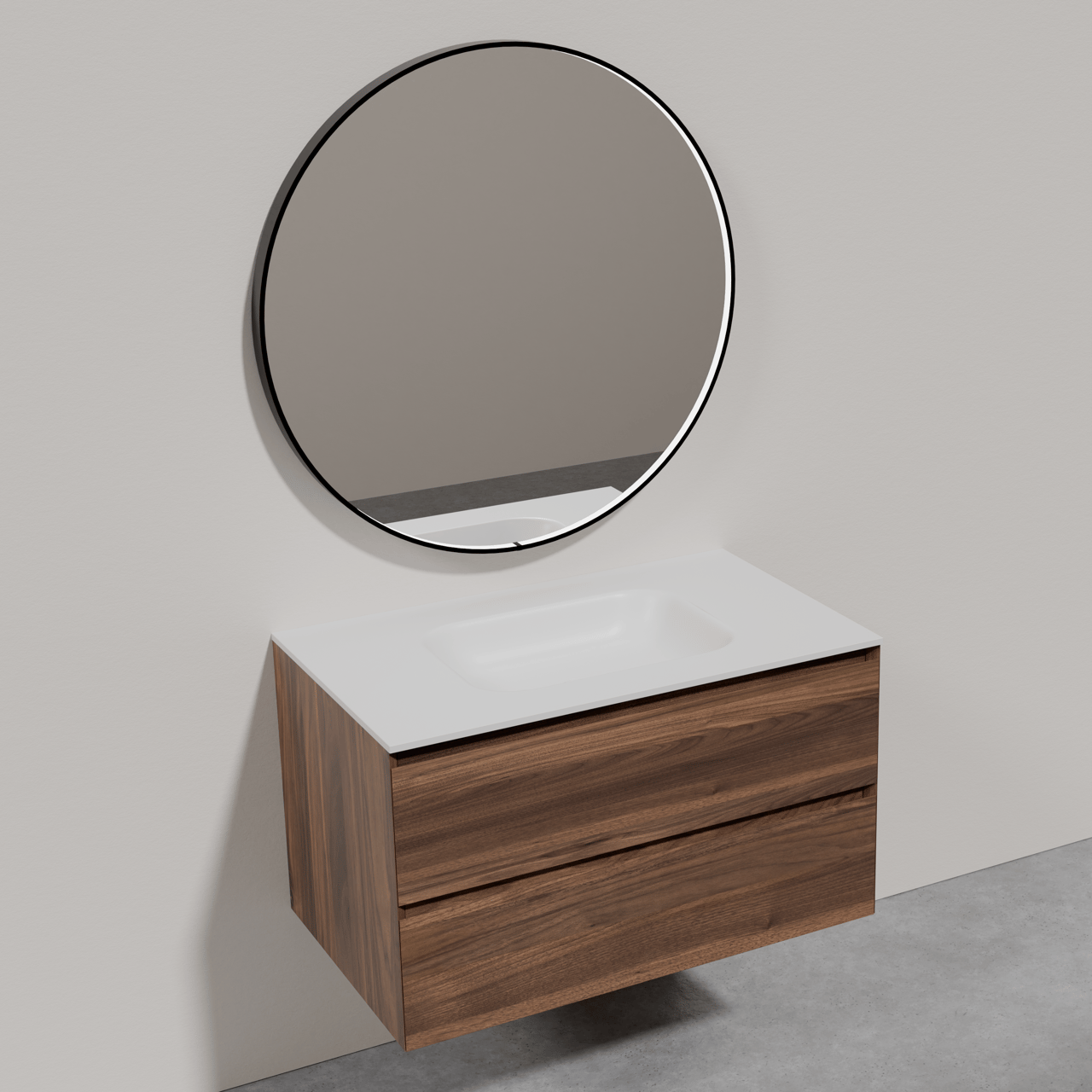 Balmani Mitra hängendes Badmöbel-Set 90 x 55 cm Nussbaum mit Tablo Arcato Einzelwaschtisch im Solid Surface Weiß matt und Secret Black rund Badezimmerspiegel