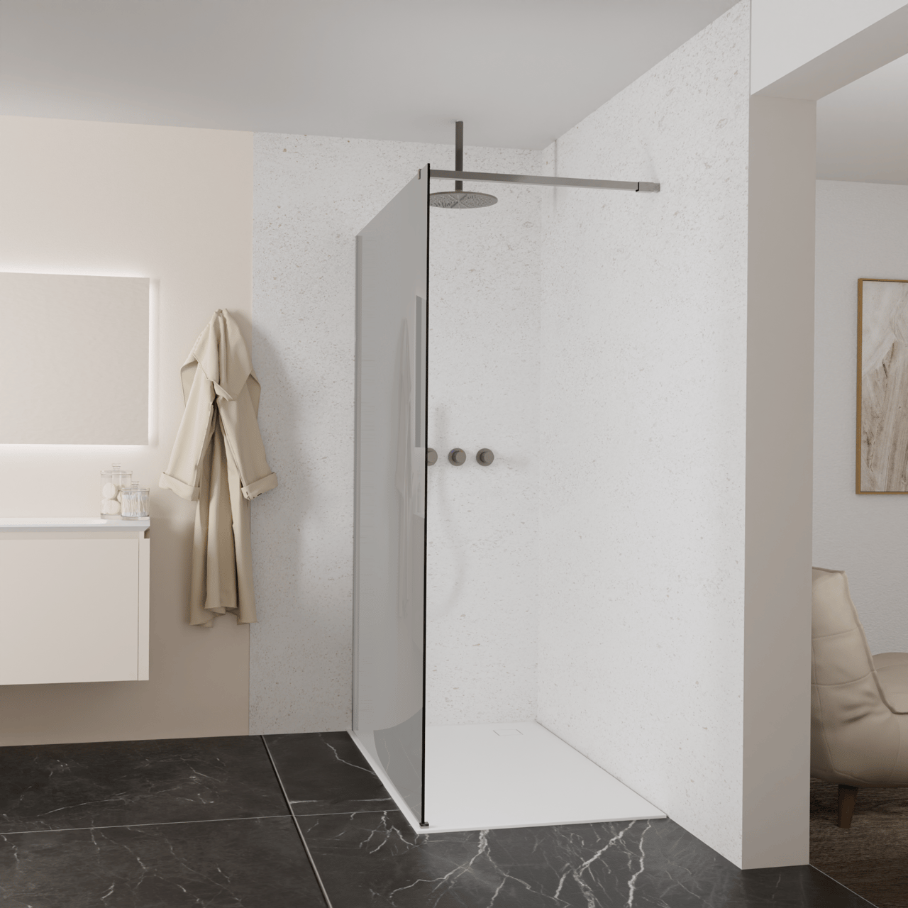 Balmani Modular douche à l'italienne: 140 x 200 cm, Verre fumé, avec coating, Profil Brushed GunMetal