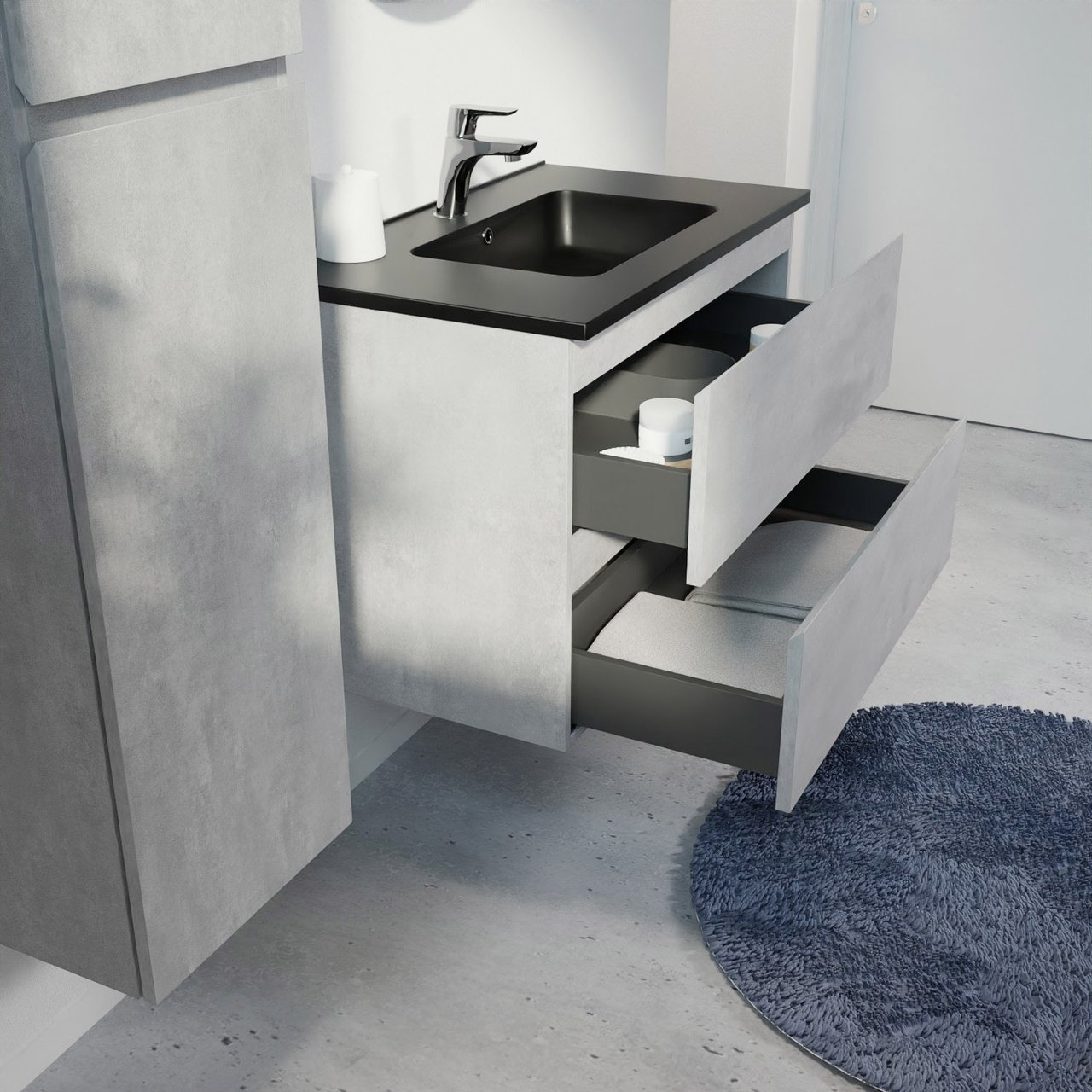 Linie Lado zwevend badmeubel 80 x 46 cm beton donkergrijs met Vano enkele wastafel in composietmarmer mat zwart