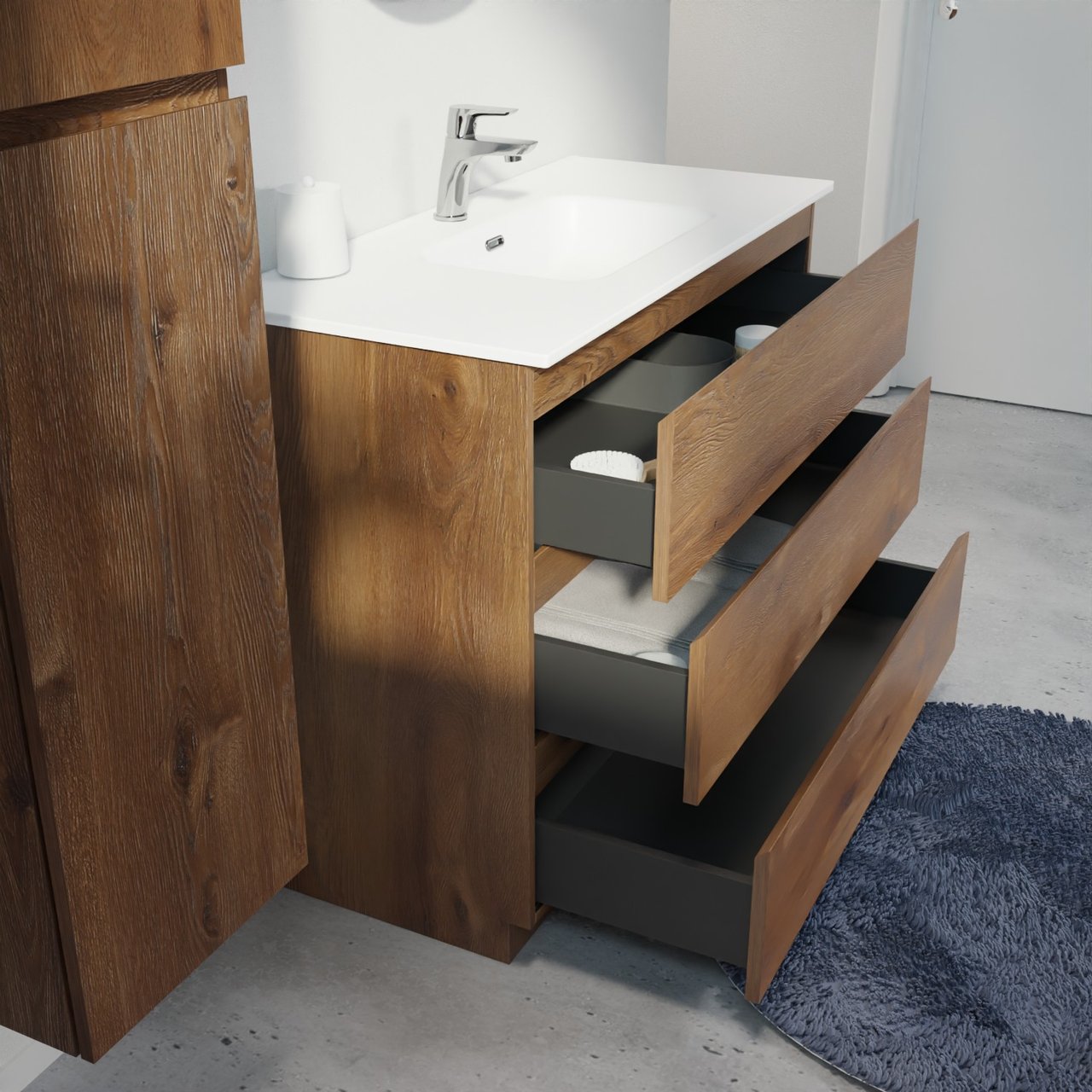 Linie Lado staand badkamermeubel 100 x 46 cm bruine eik met Baro enkele wastafel in porselein mat wit