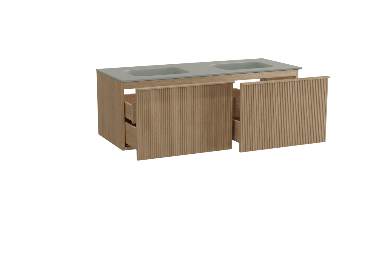 Balmani Forma zwevend badkamermeubel 135 x 55 cm natuur eik met Tablo Arcato dubbele wastafel in solid surface steengrijs, Verticale symmetrische rechte ribbel