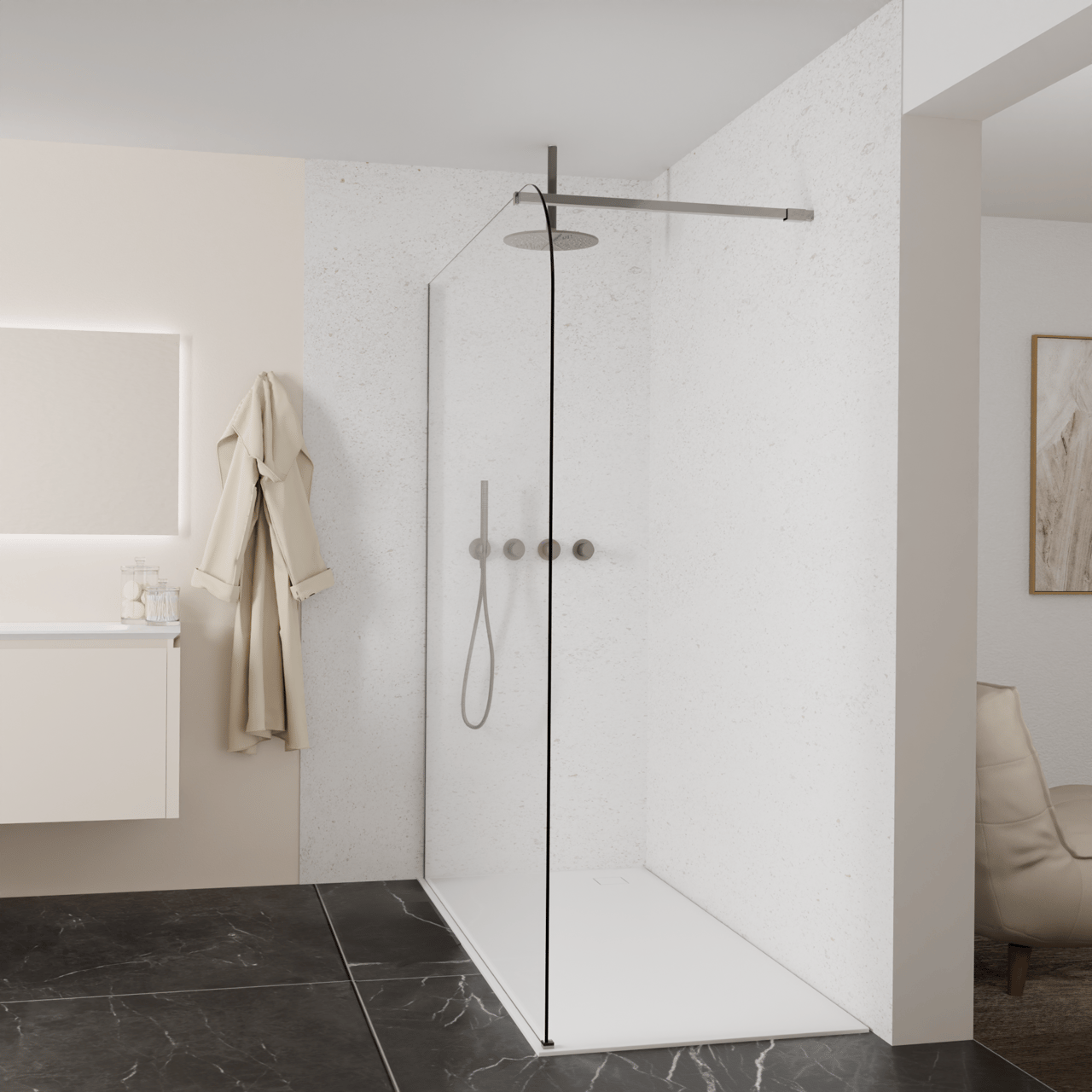 Balmani Modular douche à l'italienne: 180 x 200 cm, Verre transparent arrondi, Profil Brushed GunMetal