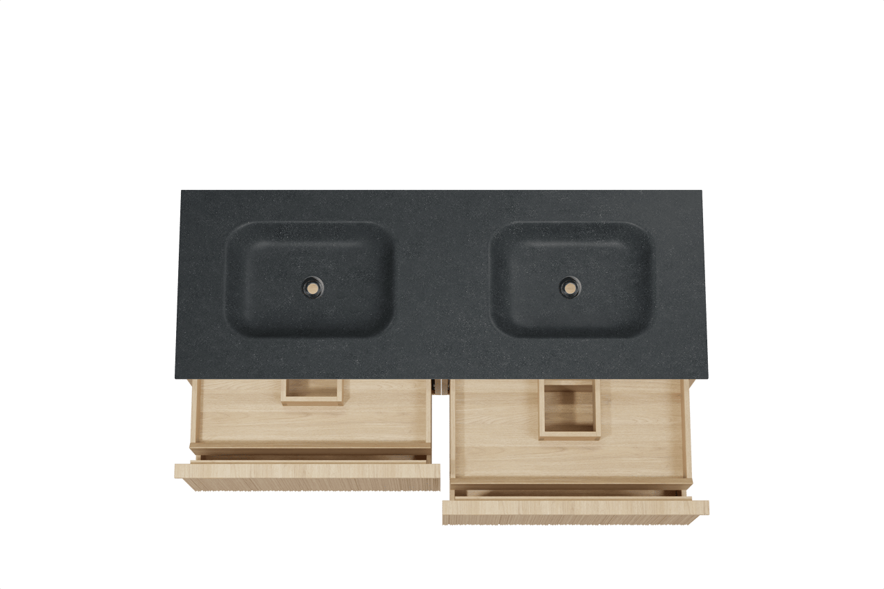 Balmani Forma zwevend badmeubel 150 x 55 cm naturel eiken met Tablo Arcato dubbele wastafel in zwart graniet, Verticale asymmetrische ronde ribbel