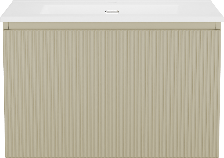 Storke Ribs meuble salle de bains suspendu 75 x 52 cm soie grise avec Kera plan simple en porcelaine blanc mat, Nervure droite symétrique verticale, bonde incluse