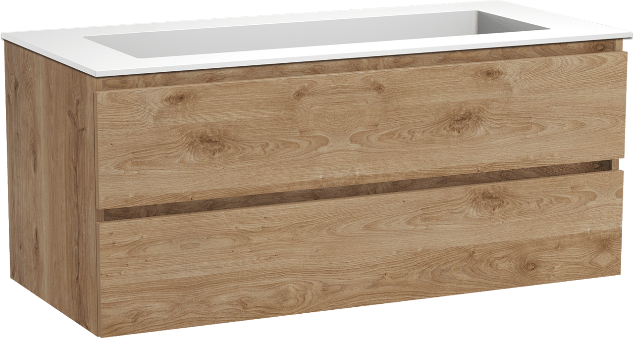 Balmani Lucida zwevend badmeubel 120 x 55 cm ruw eiken met Tablo Stretto enkele wastafel voor 2 kraangaten in solid surface mat wit