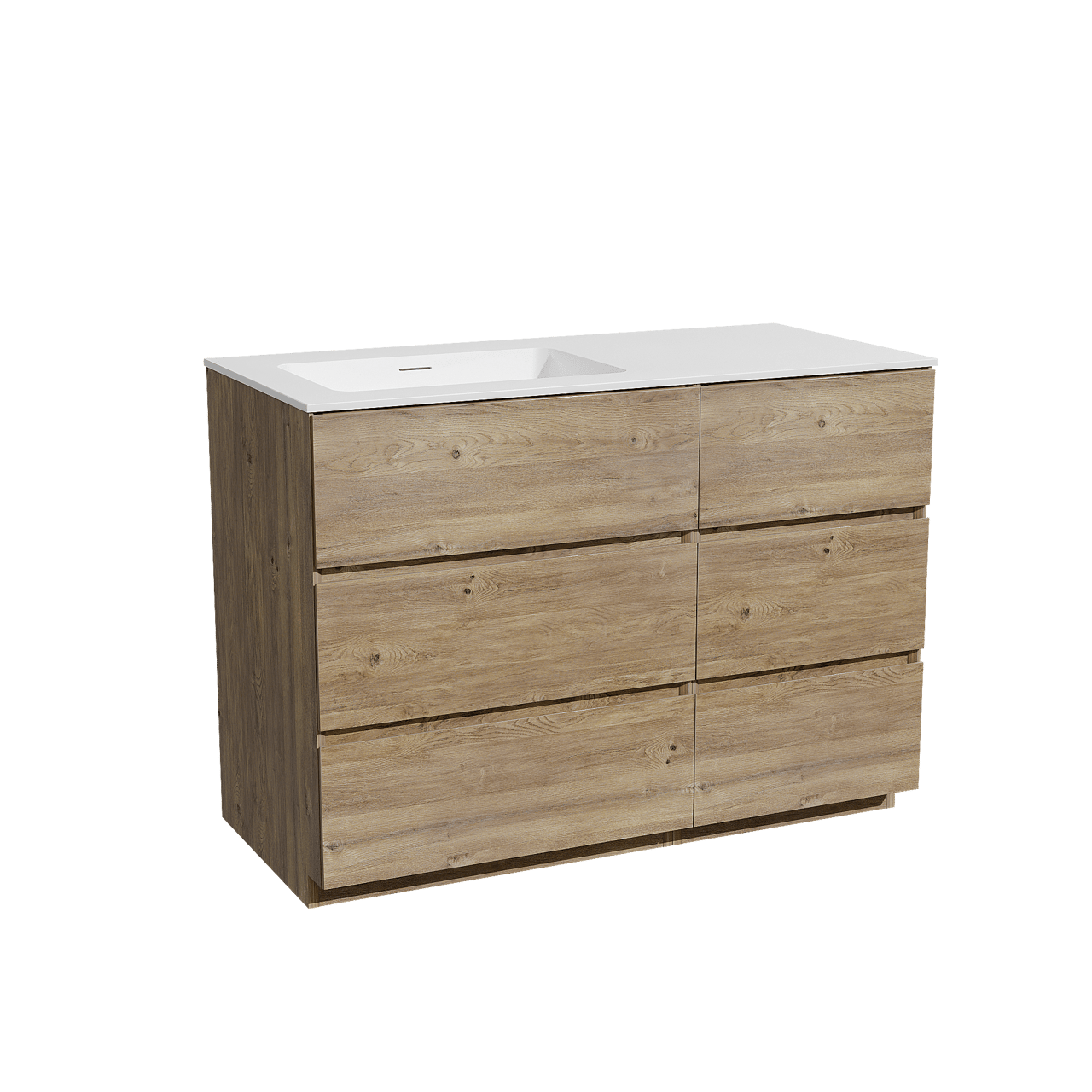 Storke Edge freistehendes Möbelstück Set: 110 x 52 cm, Rohe Eiche, mit Mata Waschtisch links, Solid Surface Weiß matt