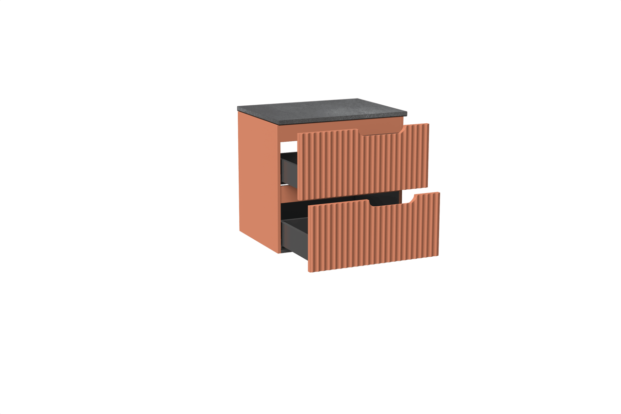 Linie Ribbo meuble salle de bains suspendu 60 x 46 cm cotto avec Lado tablette simple en mélaminé ardoise gris, Nervure circulaire symétrique verticale