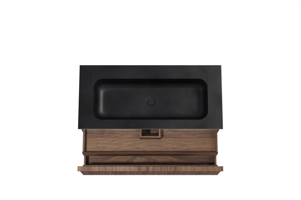 Balmani Forma zwevend badkamermeubel 120 x 55 cm amerikaanse notelaar met Tablo Strada enkele wastafel voor 2 kraangaten in composietmarmer mat zwart, Verticale symmetrische rechte ribbel