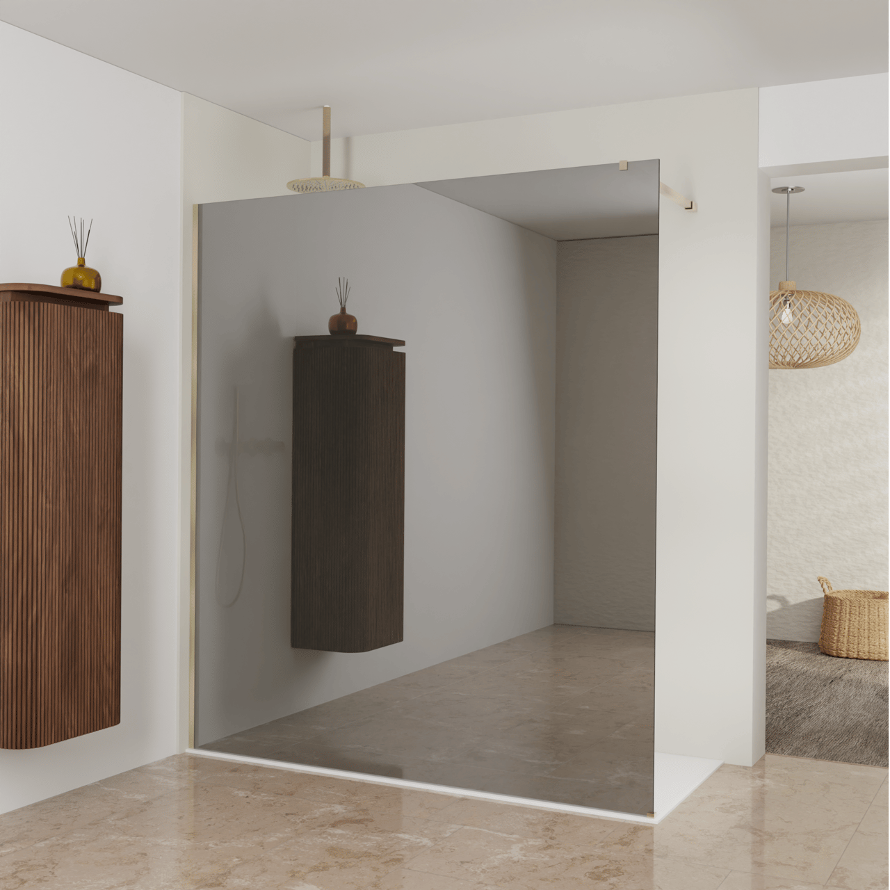 Balmani Modular inloopdouche: 180 x 200 cm, Reflex spiegelglas met coating, Brushed Champagne Gold profielen