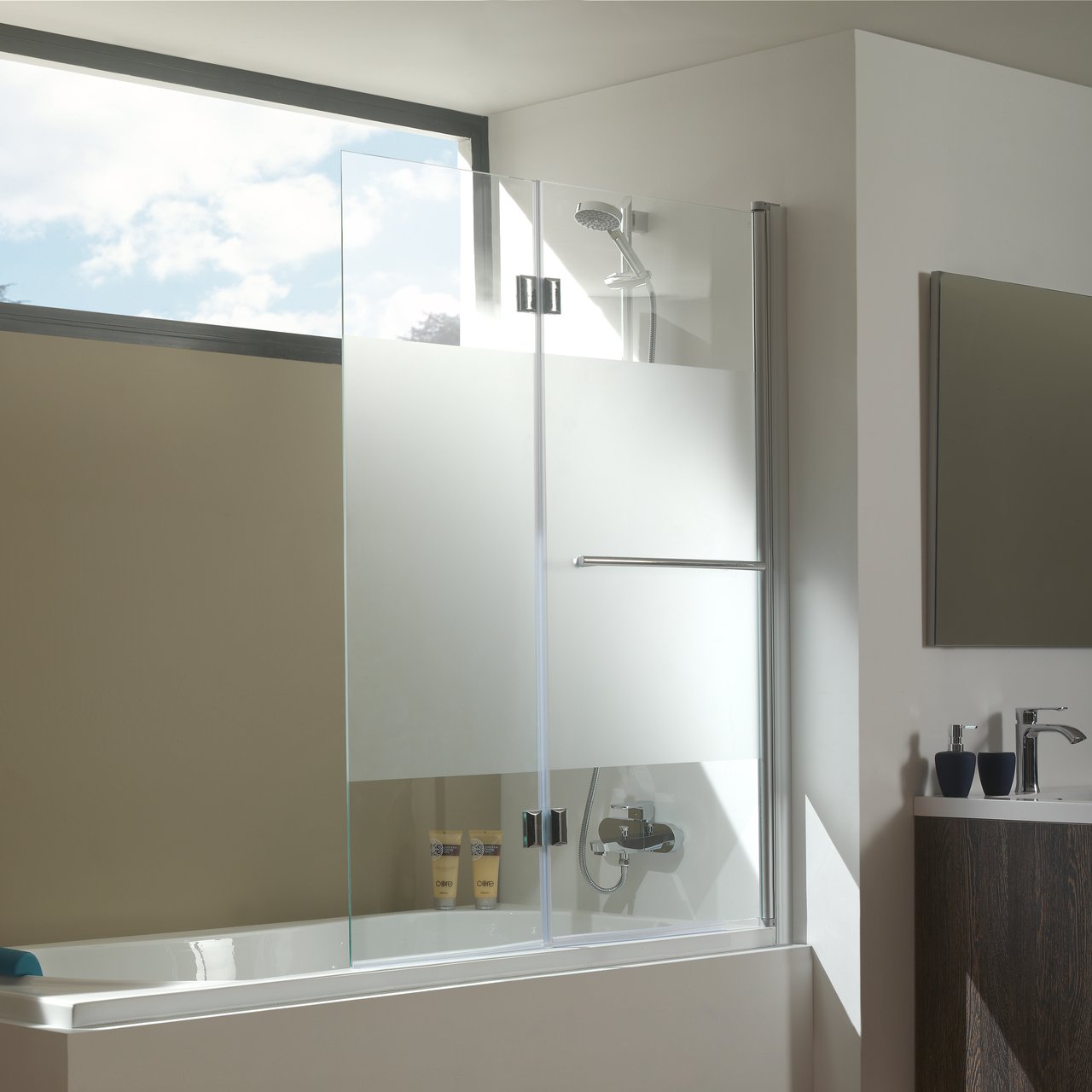 Luca Varess Cyrus dubbele badwand 70 cm + 50 cm helder glas met matte strook chroom profiel