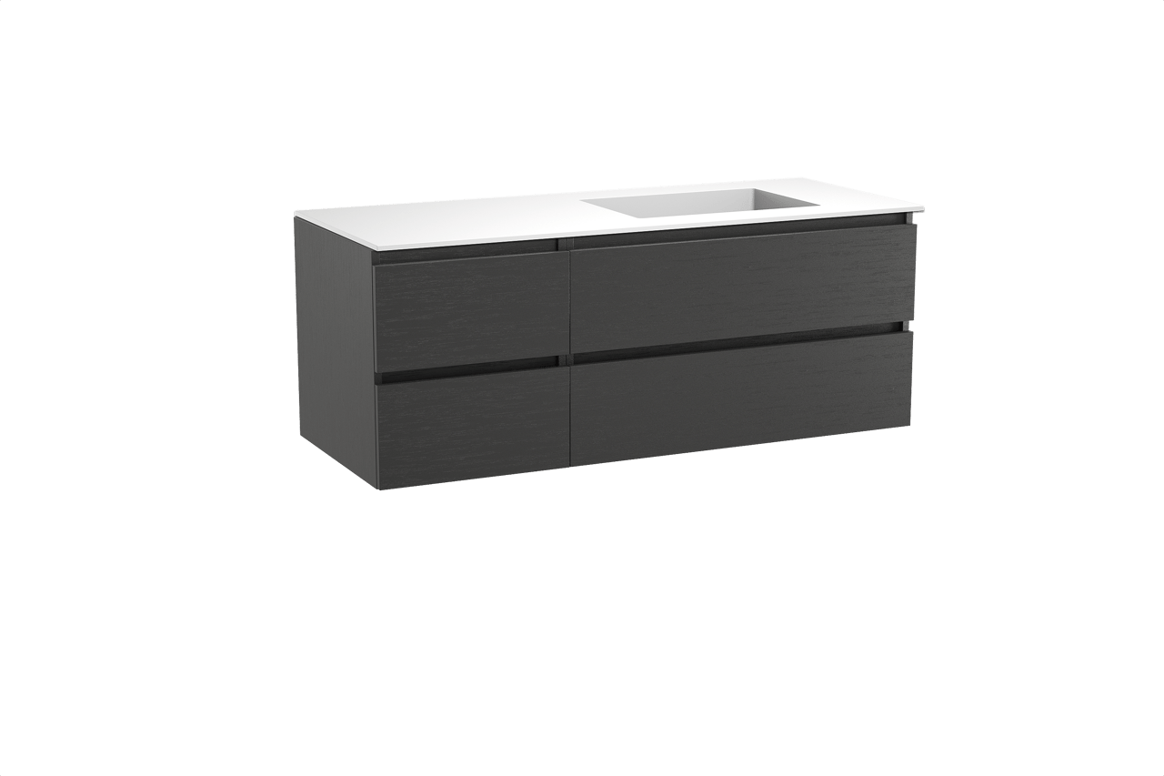 Balmani Lucida meuble salle de bains suspendu 135 x 55 cm chêne noir avec Tablo Stretto plan vasque asymétrique à droite en solid surface blanc mat