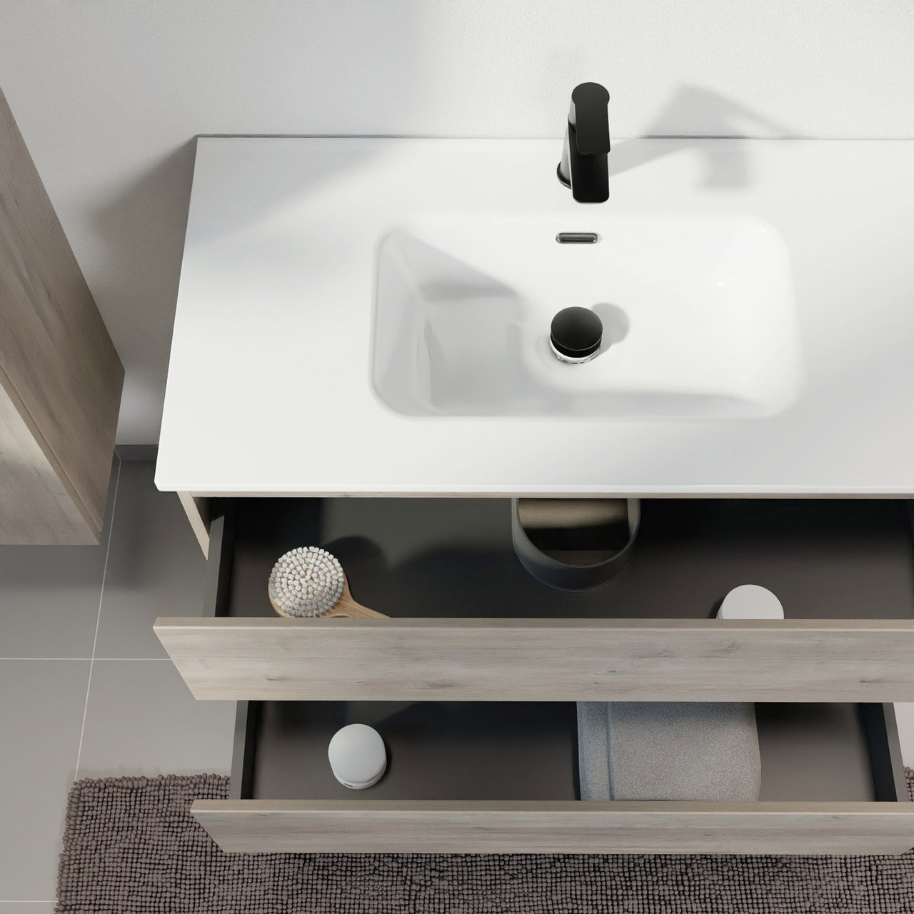 Linie Lado meuble salle de bains suspendu 60 x 46 cm chêne gris avec Baro plan simple en porcelaine blanc brillant