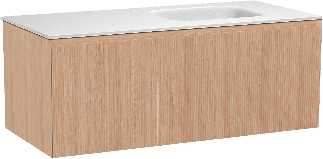 Balmani Fila meuble salle de bains suspendu 120 x 55 cm chêne naturel avec Tablo Arcato vasque asymétrique droite en solid surface blanc mat, Nervure droite symétrique verticale