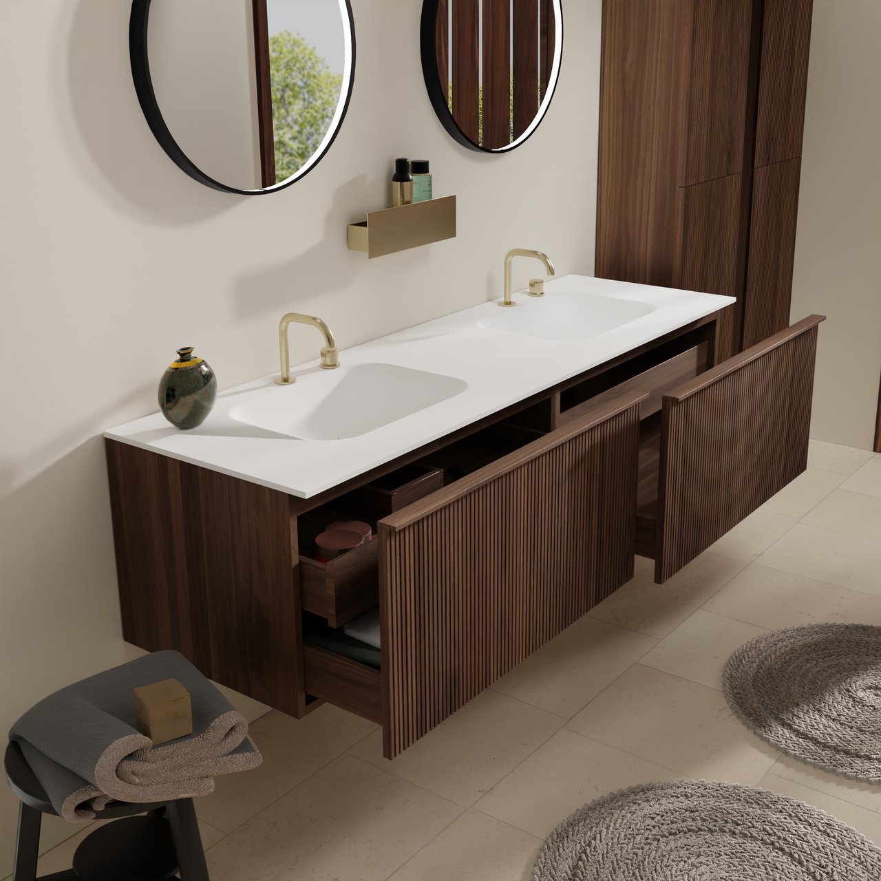 Balmani Forma zwevend badmeubel 180 x 55 cm amerikaans notenhout met Tablo Arcato dubbele wastafel in solid surface mat wit, Verticale symmetrische rechte ribbel