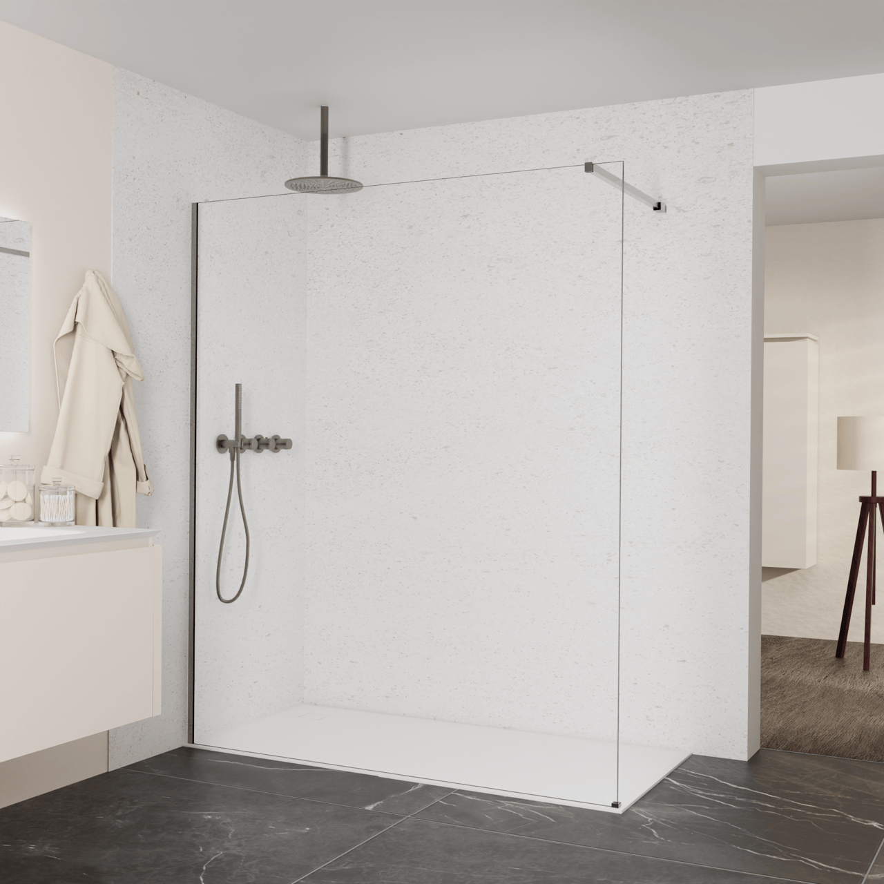Balmani Modular douche à l'italienne: 170 x 200 cm, Verre transparent, avec coating, Profil Brushed GunMetal
