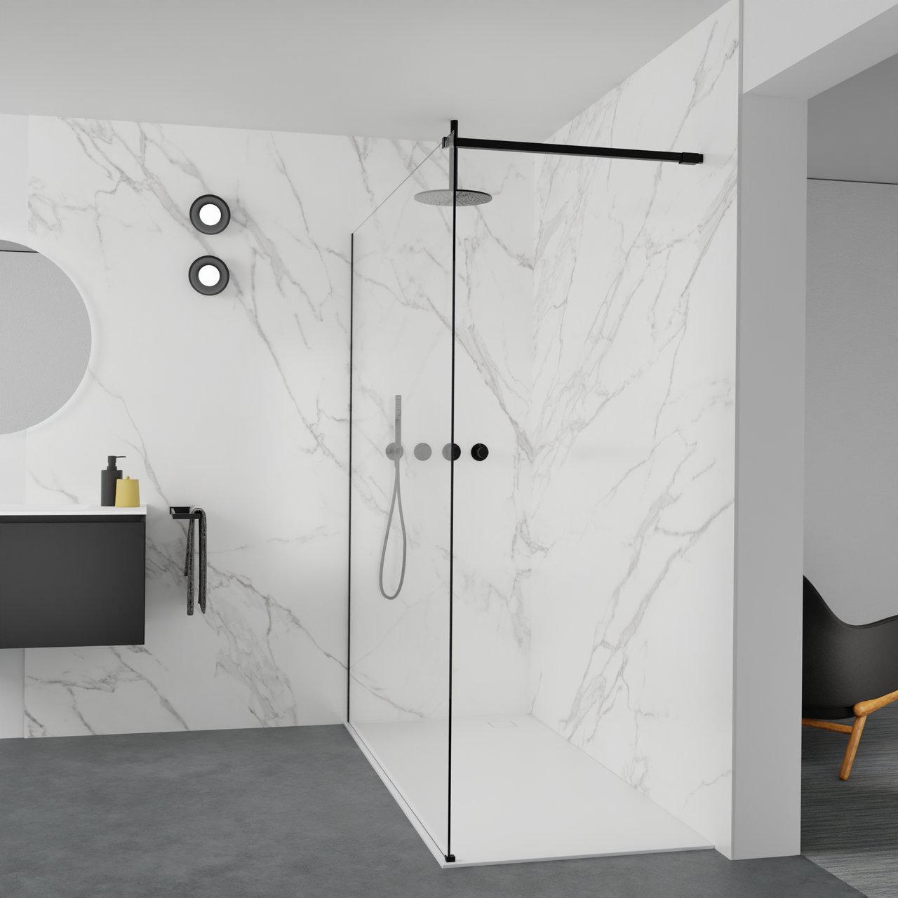 Balmani Modular douche à l'italienne: 180 x 200 cm, Verre transparent, avec coating, Profil Noir mat
