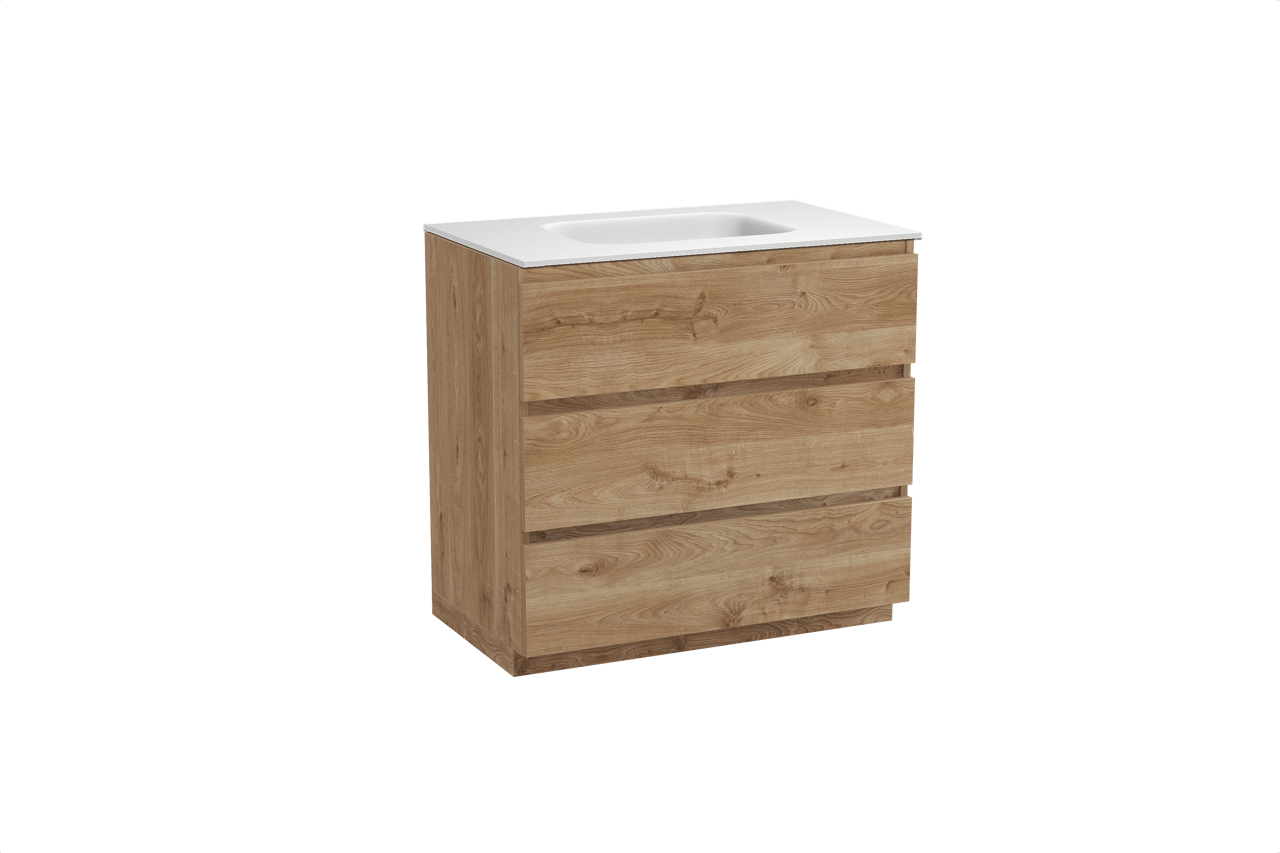 Balmani Lucida freistehendes Möbelstück Set: 90 x 55 cm, Rohe Eiche, mit Tablo Arcato Einzelwaschtisch, Solid Surface Weiß matt