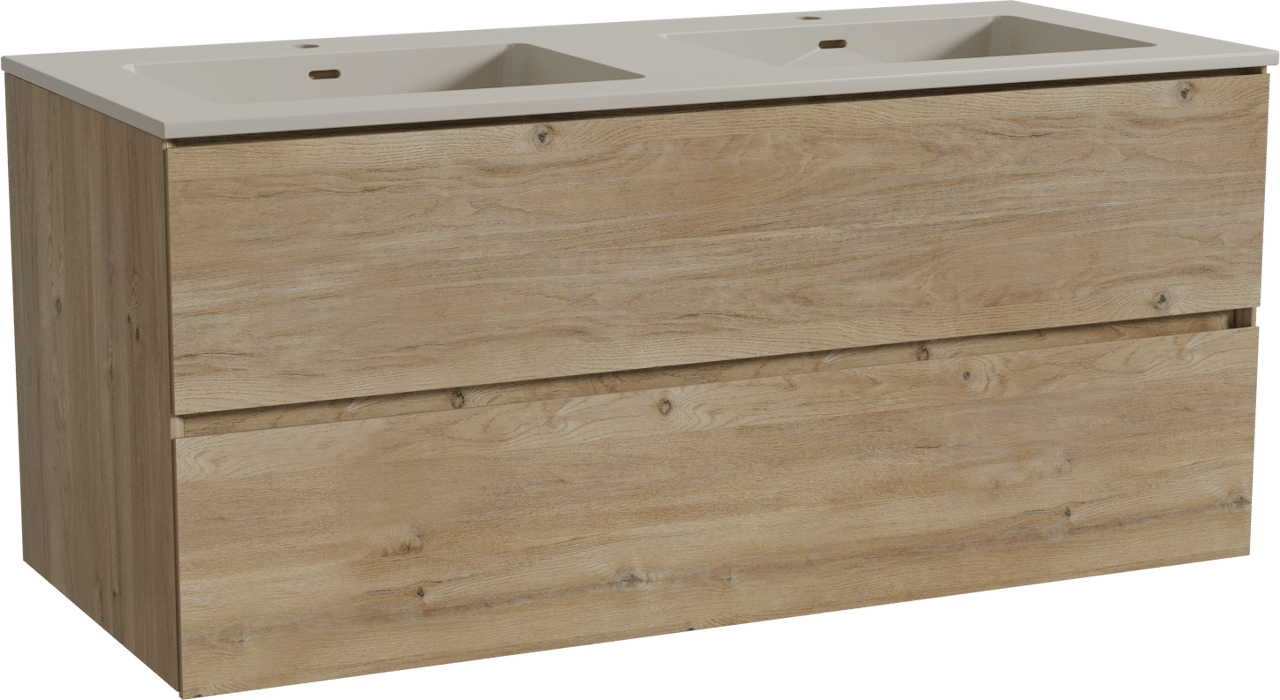 Storke Edge meuble salle de bains suspendu 120 x 52 cm chêne brut avec Diva double vasque en top solid soie grise