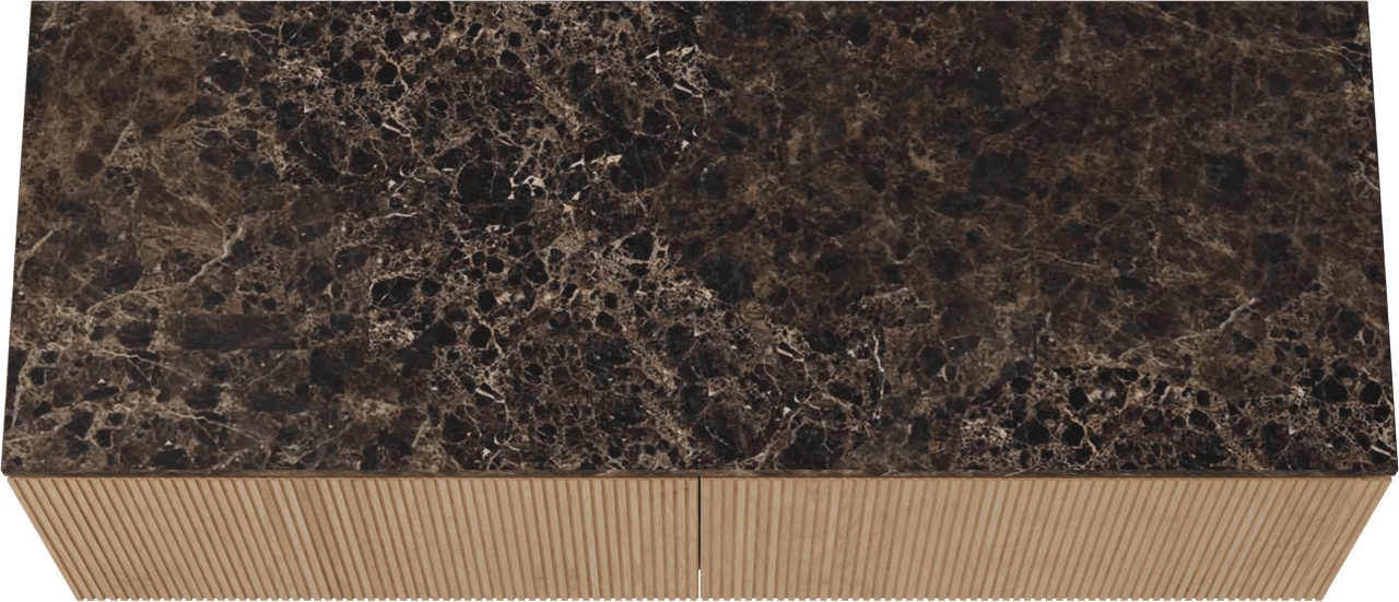 Balmani Eclips zwevend badkamermeubel 150 x 55 cm Natuur eik met Stretto enkel of dubbel tablet in Dark Emperador marmer, Verticale symmetrische rechte ribbel