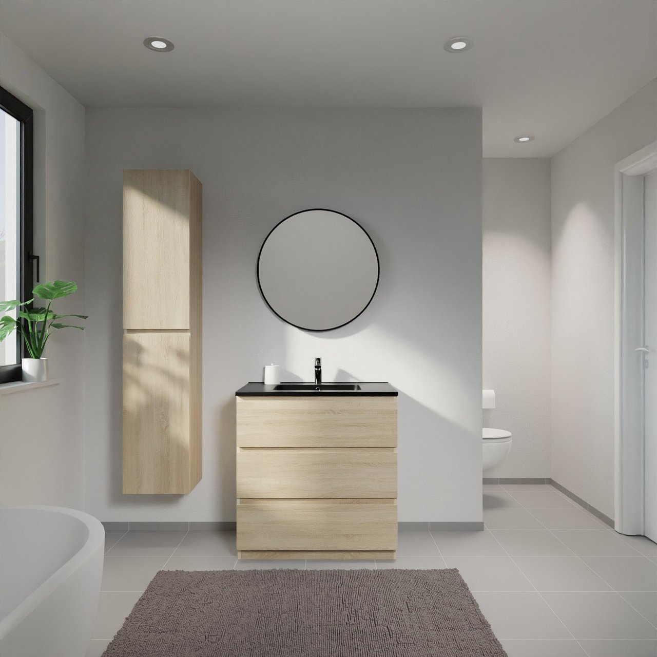 Linie Lado freistehendes Möbelstück Set: 80 x 46 cm, Weiße Eiche, mit Vano Einzelwaschtisch, Marmorkomposit Schwarz matt