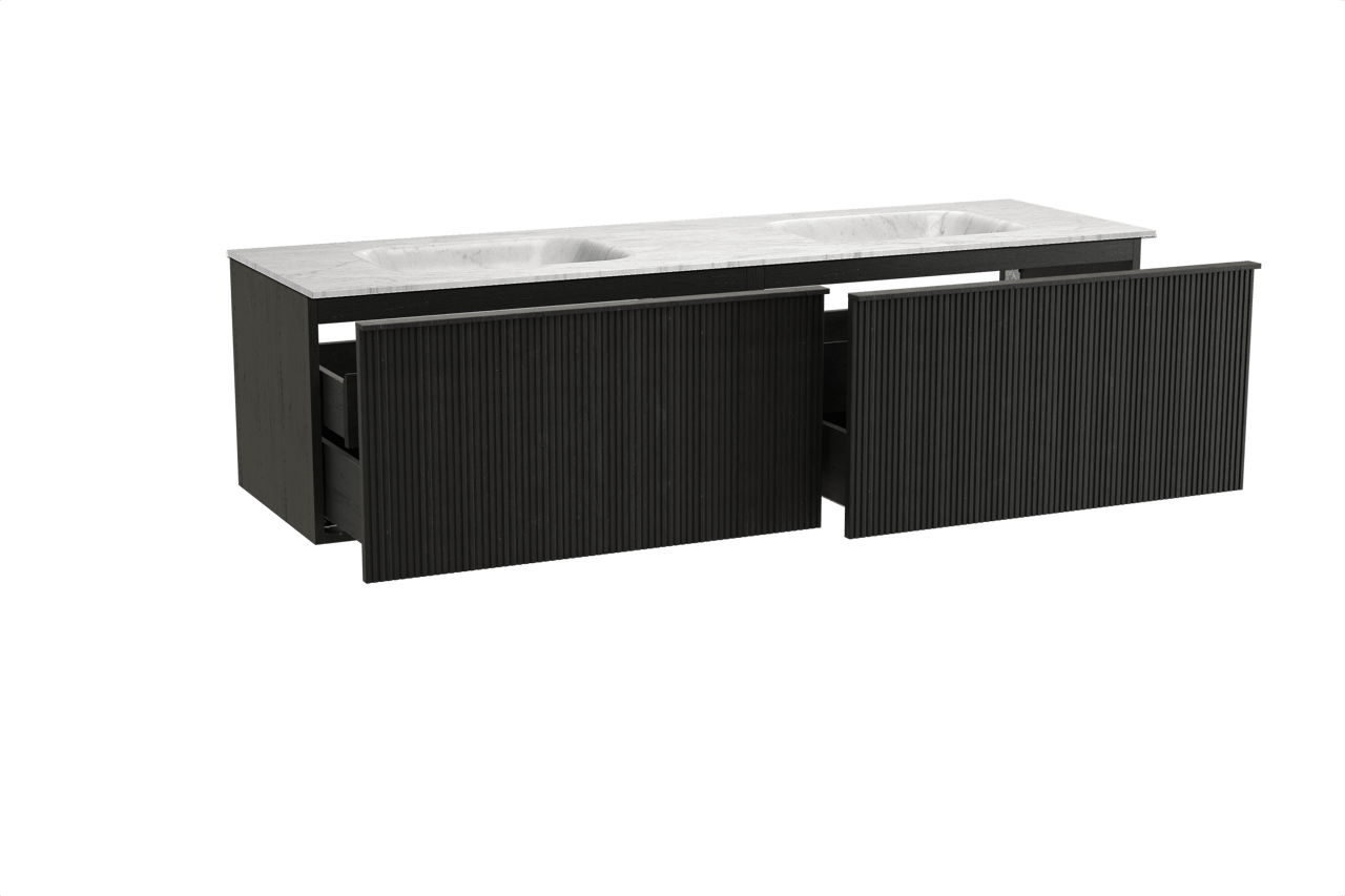Balmani Forma zwevend badkamermeubel 180 x 55 cm zwarte eik met Tablo Arcato dubbele wastafel in marmer carrara, Verticale symmetrische rechte ribbel