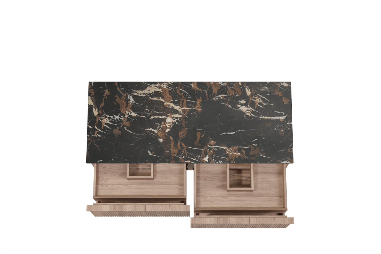 Balmani Forma meuble salle de bains suspendu 135 x 55 cm teck avec Stretto tablette simple ou double en marbre portoro gold, Nervure droite symétrique verticale