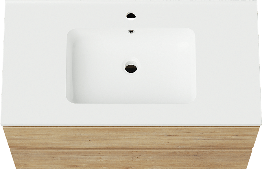 Linie Lado hängendes Möbelstück Set: 90 x 46 cm, Naturbelassene Eiche, mit Vano Einzelwaschtisch, Marmorkomposit Weiß glänzend
