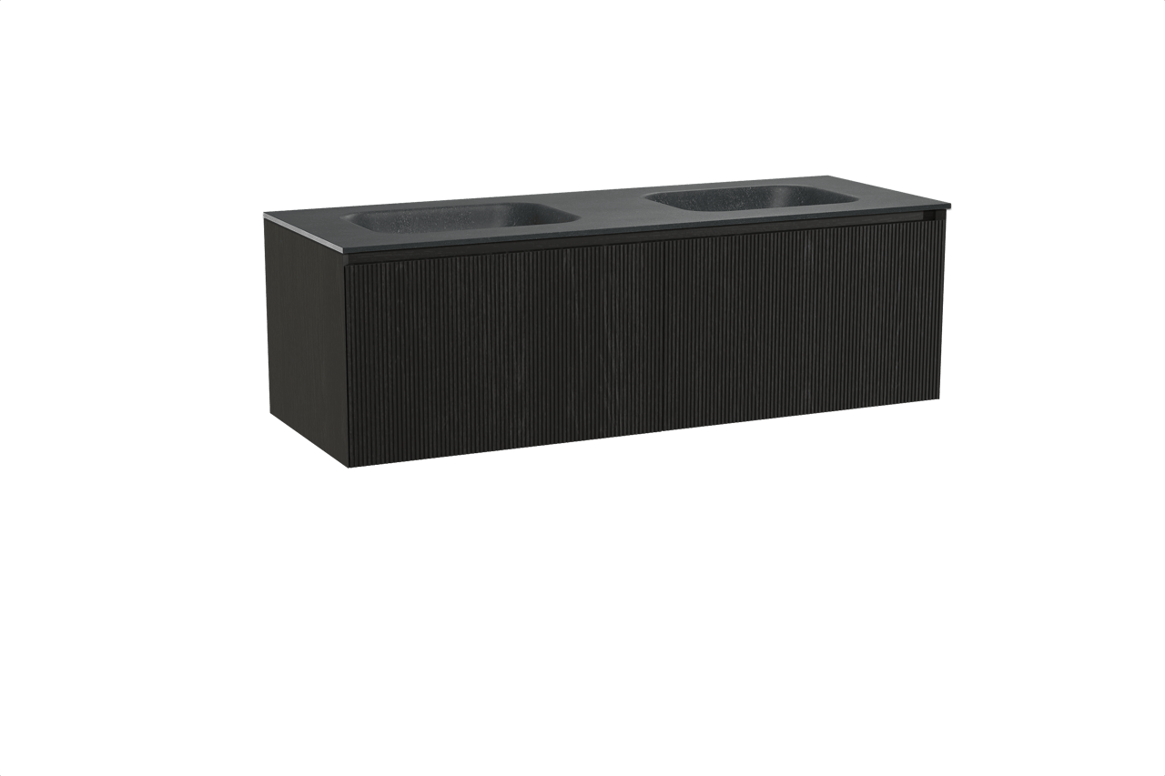 Balmani Fila hängendes Möbelstück Set: 150 x 55 cm, Schwarze Eiche, mit Tablo Arcato Doppelwaschtisch, Granit, Schwarzes Granit, Vertikale symmetrische gerade Rippe