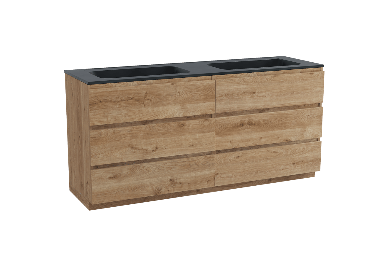 Balmani Lucida freistehendes Möbelstück Set: 180 x 55 cm, Rohe Eiche, mit Tablo Strada Doppelwaschtisch, Marmorkomposit Schwarz matt