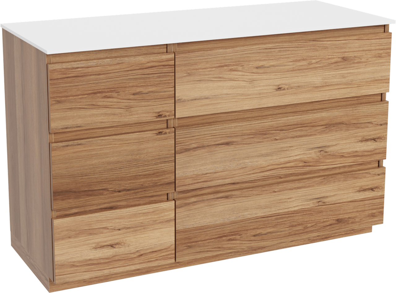 Balmani Lucida meuble salle de bains à poser 135 x 55 cm teck avec Stretto tablette simple ou double en solid surface blanc mat