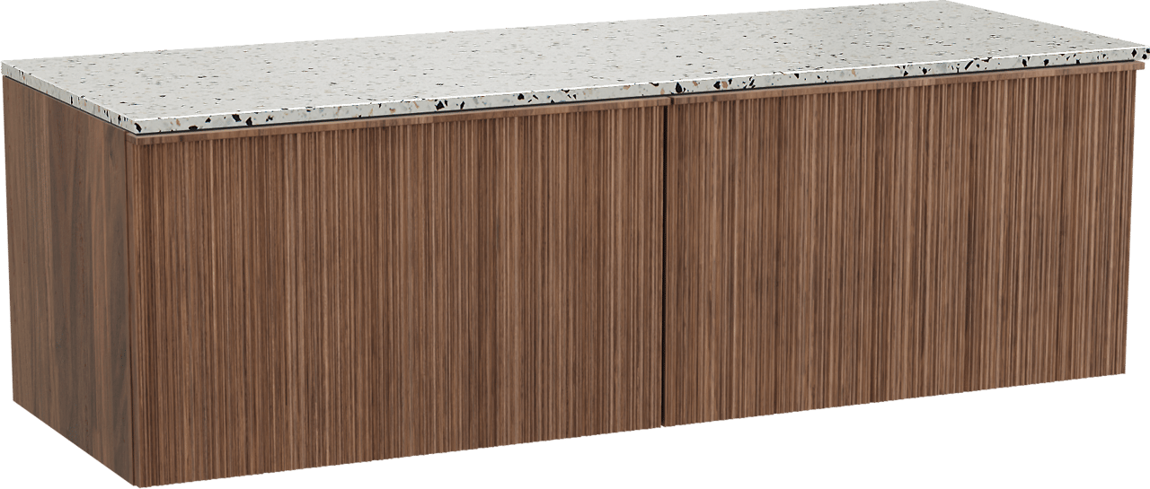 Balmani Forma zwevend badmeubel 150 x 55 cm amerikaans notenhout met Stretto enkel of dubbel wastafelblad in mat wit/zwart terrazzo, Verticale asymmetrische ronde ribbel