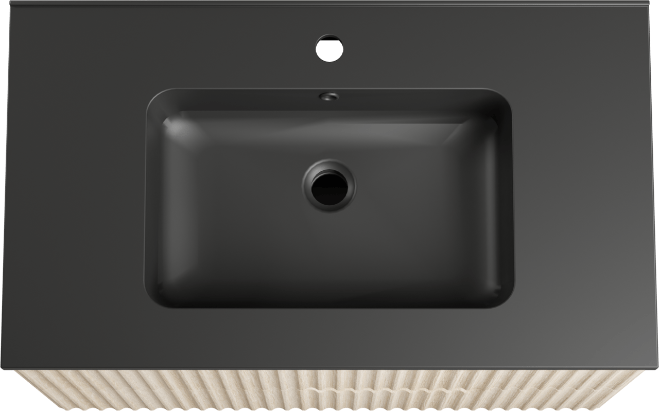 Linie Ribbo meuble salle de bains suspendu 80 x 46 cm chêne clair avec Vano plan simple en marbre composite noir mat, Nervure circulaire symétrique verticale