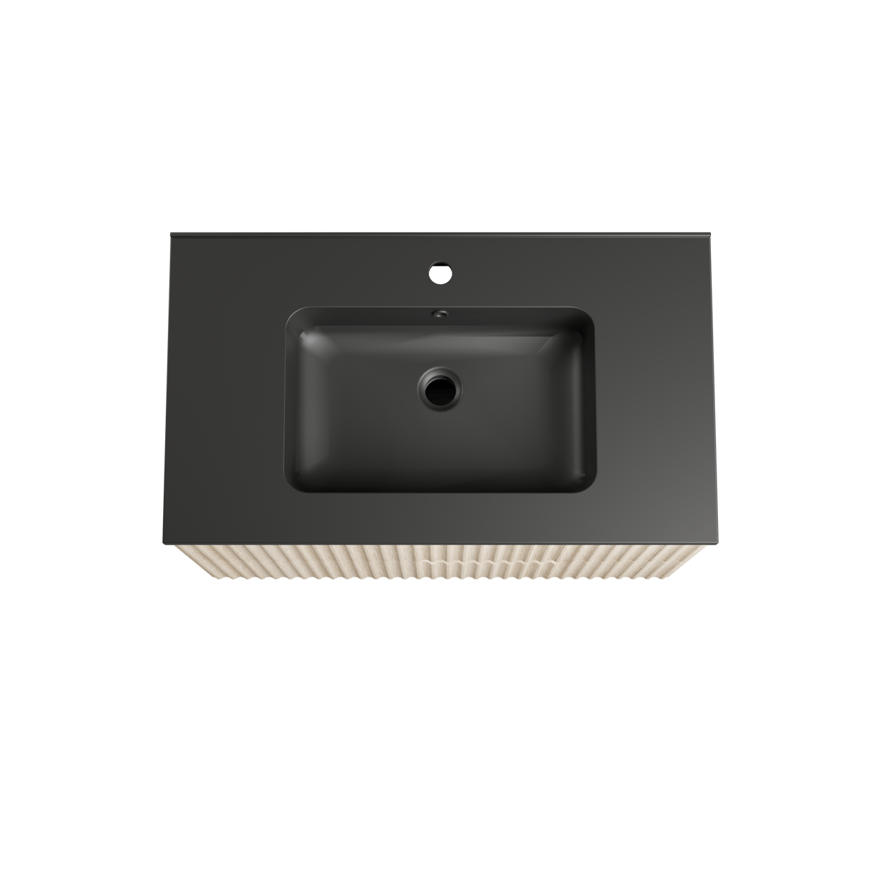 Linie Ribbo hängendes Möbelstück Set: 80 x 46 cm, Helle Eiche, mit Vano Einzelwaschtisch, Marmorkomposit, Schwarz matt, Vertikale symmetrische runde Rippe