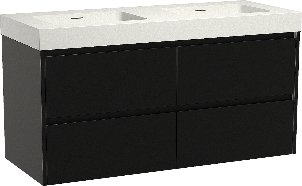 Storke Seda zwevend badmeubel 130 x 52 cm mat zwart met Mata High dubbele wastafel in solid surface mat wit