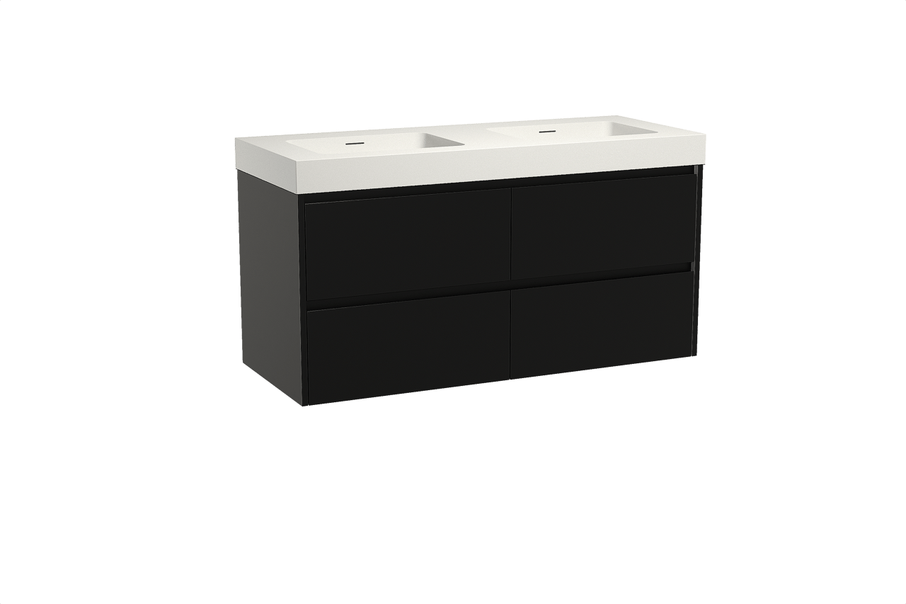 Storke Seda zwevend badkamermeubel 130 x 52 cm mat zwart met Mata High dubbele wastafel in solid surface mat wit