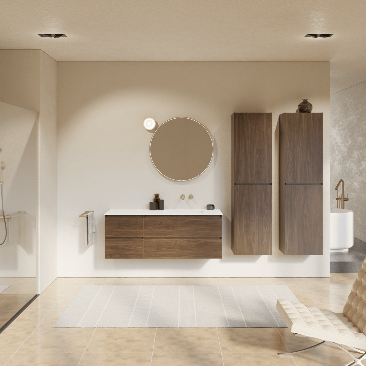 Balmani Mitra zwevend badkamermeubel 135 x 55 cm amerikaanse notelaar met Tablo Stretto asymmetrisch rechtse wastafel in solid surface mat wit