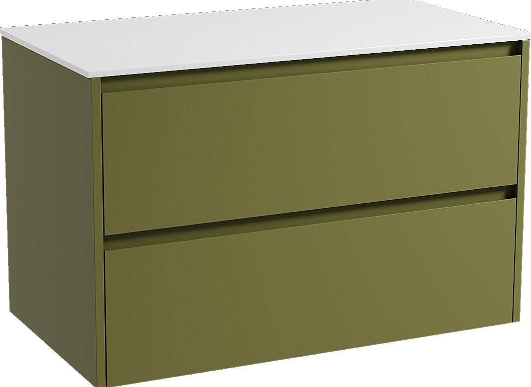 Storke Seda zwevend badmeubel 95 x 52 cm olijfgroen met Tavola enkel wastafelblad in solid surface mat wit