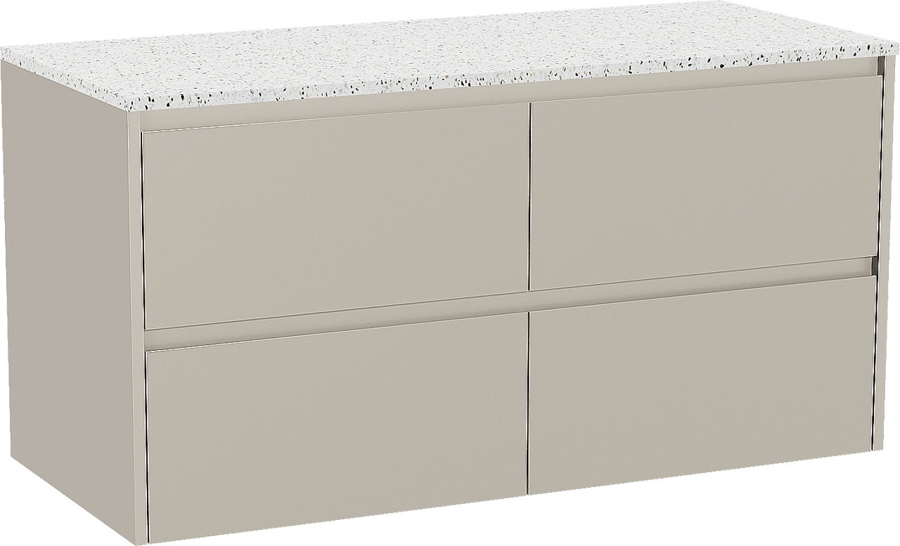 Storke Seda zwevend badmeubel 120 x 52 cm zijdegrijs met Tavola enkel of dubbel wastafelblad in mat wit/zwart terrazzo