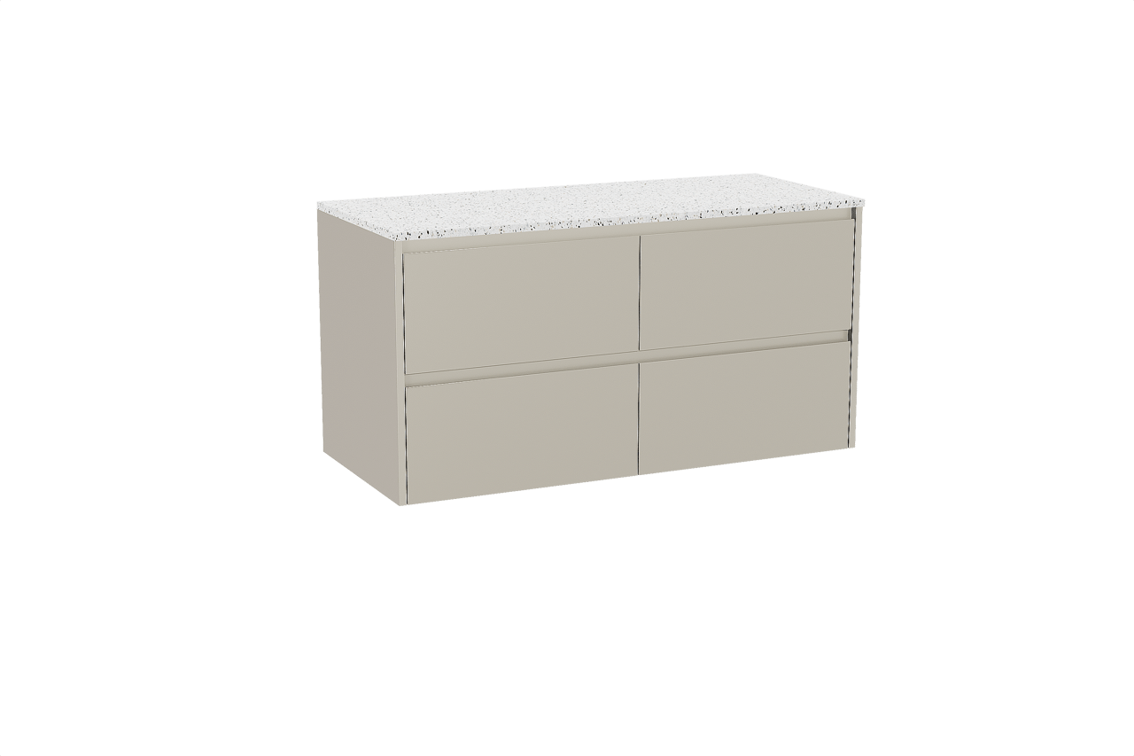 Storke Seda hängendes Möbelstück Set: 120 x 52 cm, Seidengrau, mit Tavola Einzel- oder Doppel Waschtischplatte, Terrazzo in Weiß/Schwarz matt