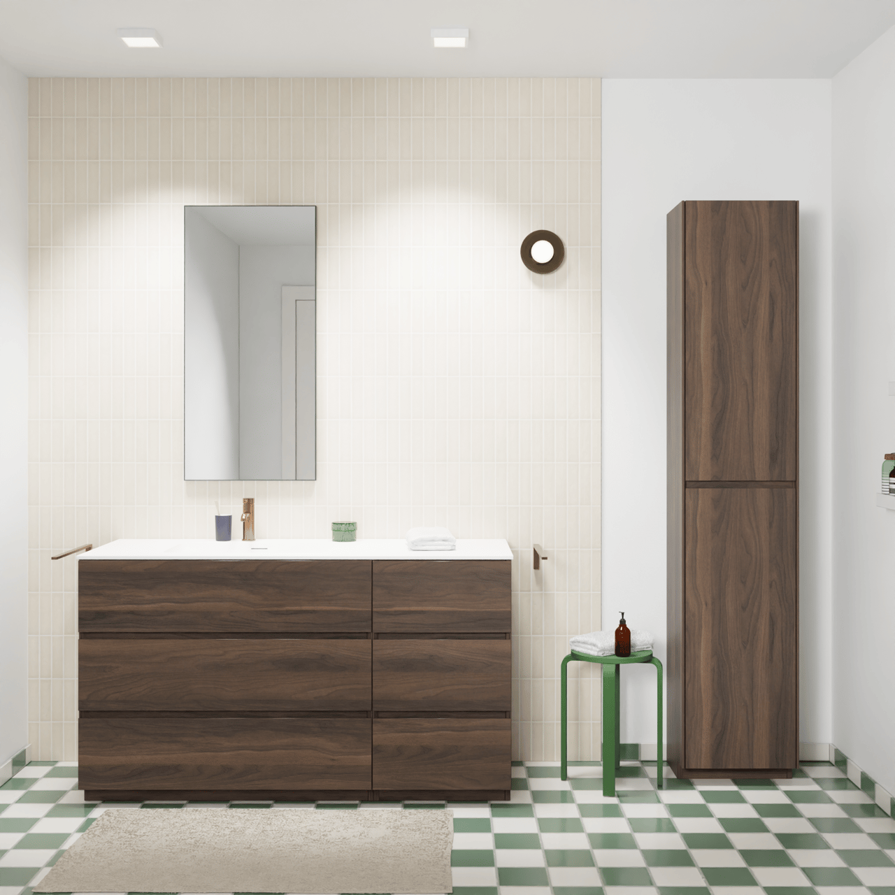 Storke Edge freistehendes Möbelstück Set: 140 x 52 cm, Nussbaum, mit Mata Waschtisch links, Solid Surface Weiß matt