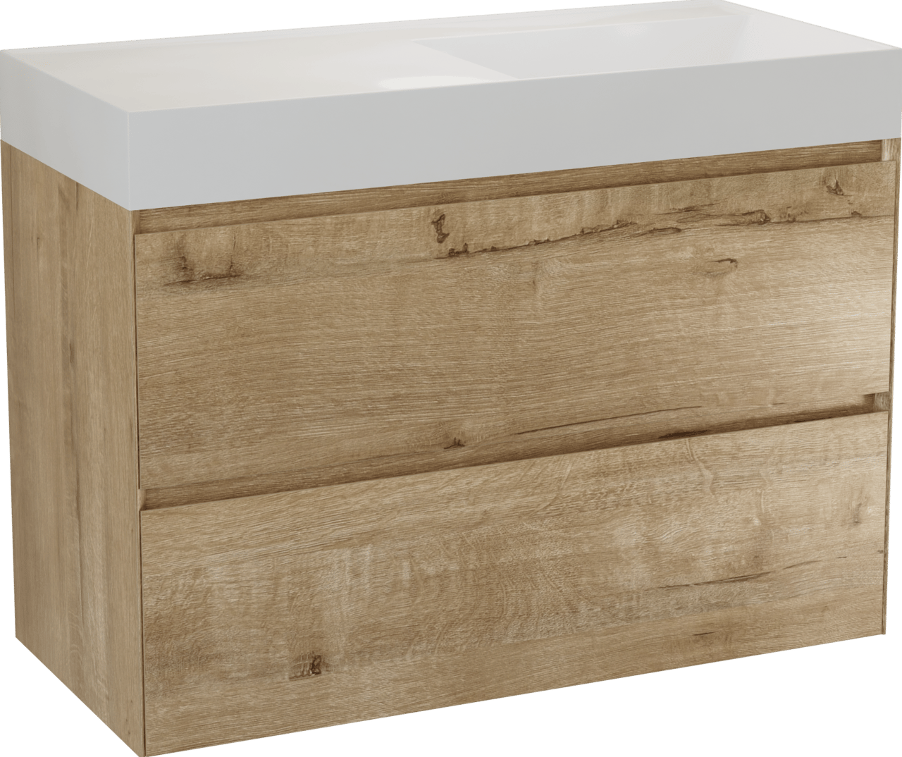 Balmani Mitra Compact zwevend badkamermeubel 100 x 46 cm ruwe eik met Argila asymmetrisch rechtse wastafel in composietmarmer glanzend wit