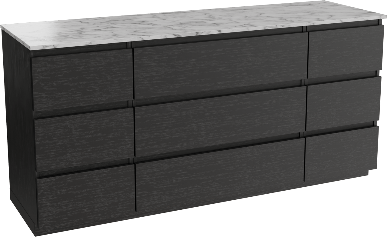Balmani Lucida freistehendes Möbelstück Set: 180 x 55 cm, Schwarze Eiche, mit Stretto Einzel- oder Doppel Waschtischplatte, Marmor Carrara