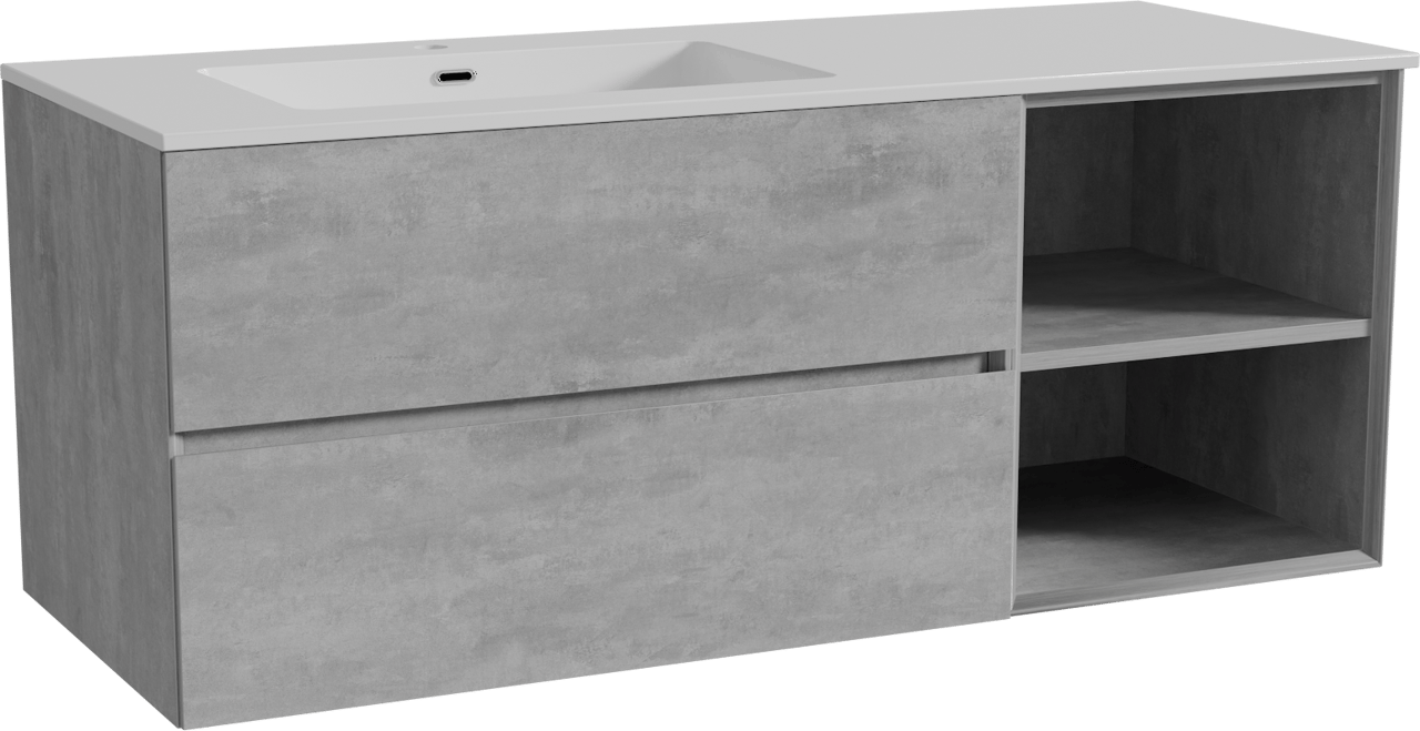 Storke Edge zwevend badkamermeubel 130 x 52 cm beton donkergrijs met Diva asymmetrisch linkse wastafel in composietmarmer glanzend wit